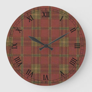Red Plaid Round Roman Numerals Clock Große Wanduhr
