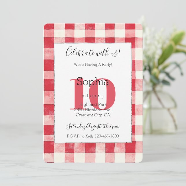 Red Plaid Stripes 10th Birthday Einladung (Stehend Vorderseite)