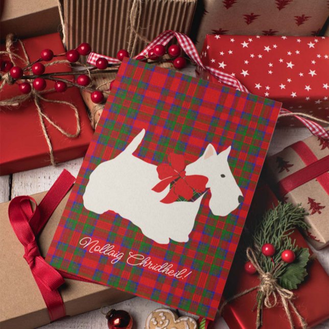 Red Plaid Tartan Scottie Greeting Feiertagskarte (Christmas card with Scottie dog)