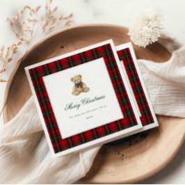 Red Plaid Teddy Bear Christmas Party Serviette
