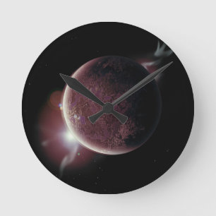 red planet in the universe with aura and stars runde wanduhr