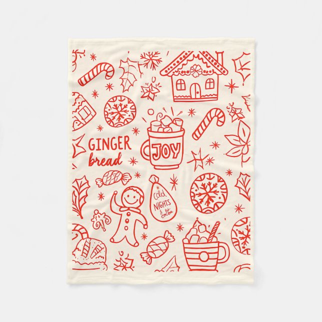 Red Playful Hand Drawn Doodle Whimsical Weihnachte Fleecedecke (Vorderseite)