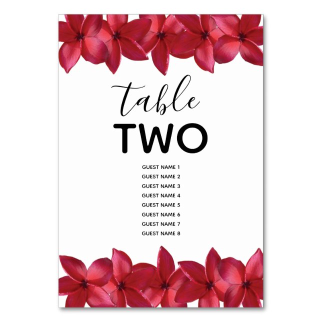 Red Plumeria Frangipani Wedding Guest Names Tischnummer (Vorderseite)