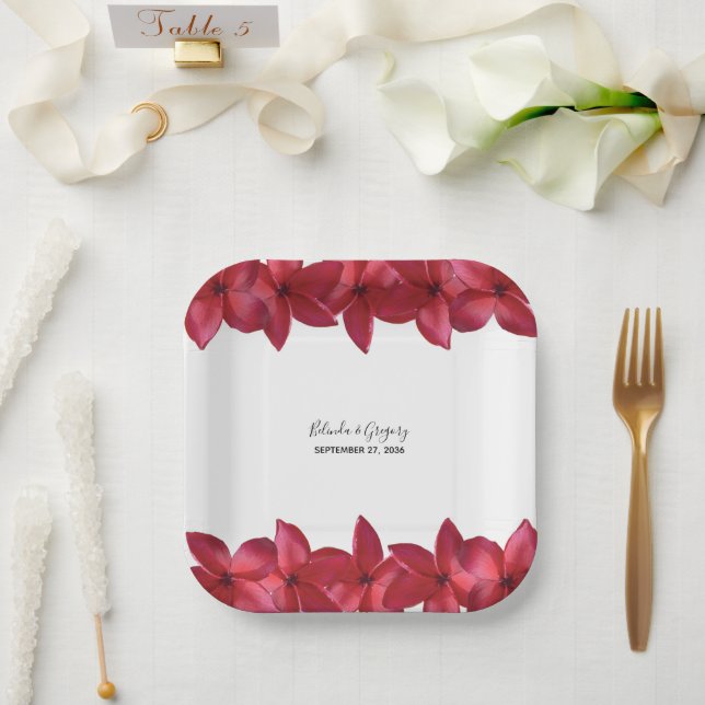 Red Plumeria Frangipani Wedding Pappteller (Hochzeit)