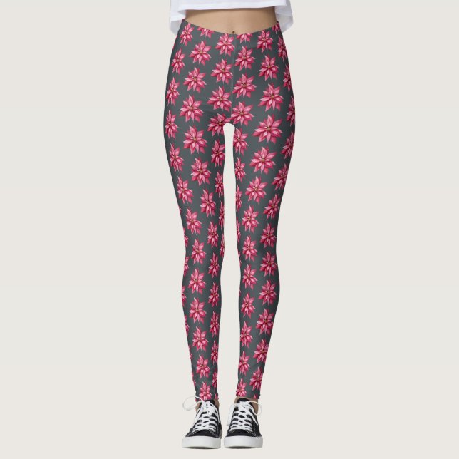 Red Poinsetta Muster Floral Weihnachten Schwarz Leggings (Vorderseite)