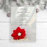 Red Poinsettia and White Pearls Winter Wedding Einladung<br><div class="desc">Invite guests to your upcoming December nuptials with the festive Red Poinsettia and White Pearls Winter Wedding Invitation. This elegant custom wintery marriage invite features a floral photograph of a red Christmas poinsettia flower blossom with a pearl button in the center, bridal veil and white pearl necklace with a white...</div>