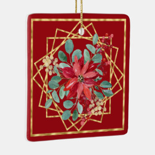 Red Poinsettia Aquarellen und Gold-Geo-Rahmen Keramikornament