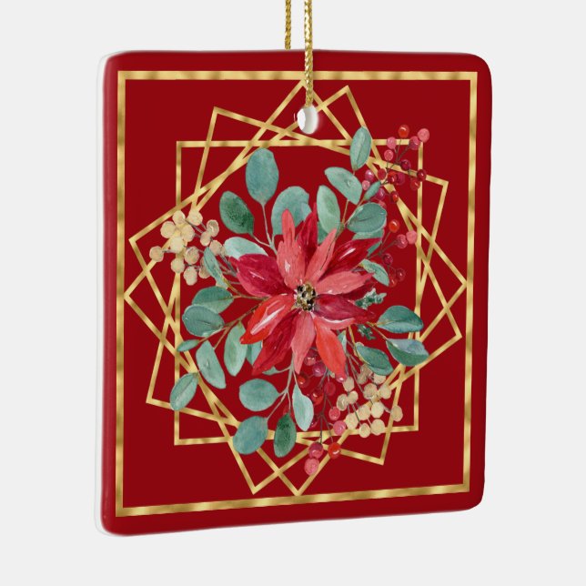 Red Poinsettia Aquarellen und Gold-Geo-Rahmen Keramikornament (Rechts)