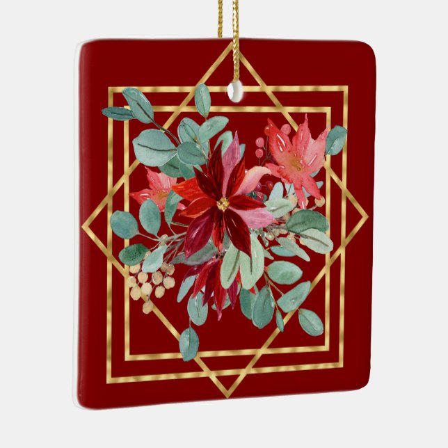 Red Poinsettia Aquarellen und Gold-Geo-Rahmen Keramikornament (Rechts)