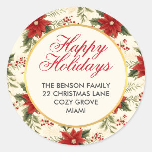 Red Poinsettia Blume Glücklich Weihnachten Runder Aufkleber