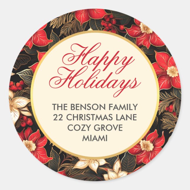 Red Poinsettia Blume Glücklich Weihnachten Runder Aufkleber (Vorderseite)