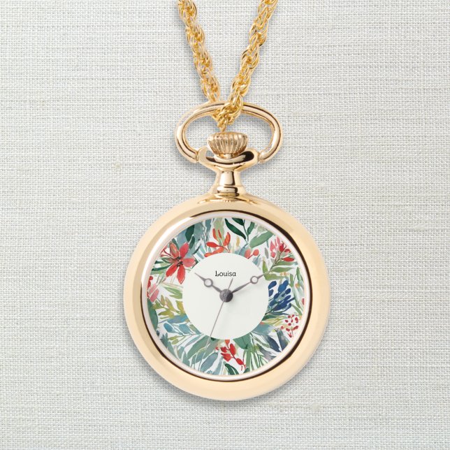 Red Poinsettia Blume Hübsch Blumenweihnachtsfest Armbanduhr (An elegant monogrammed necklace pendant with watch and red poinsettia design in a watercolor style)