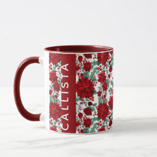 Red Poinsettia Blume Ivy Blätter Wasserfarbname Tasse