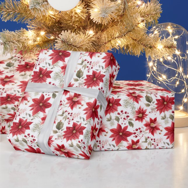 Red Poinsettia Blume Weihnachten Berries Urlaub Geschenkpapier (Feiertage)