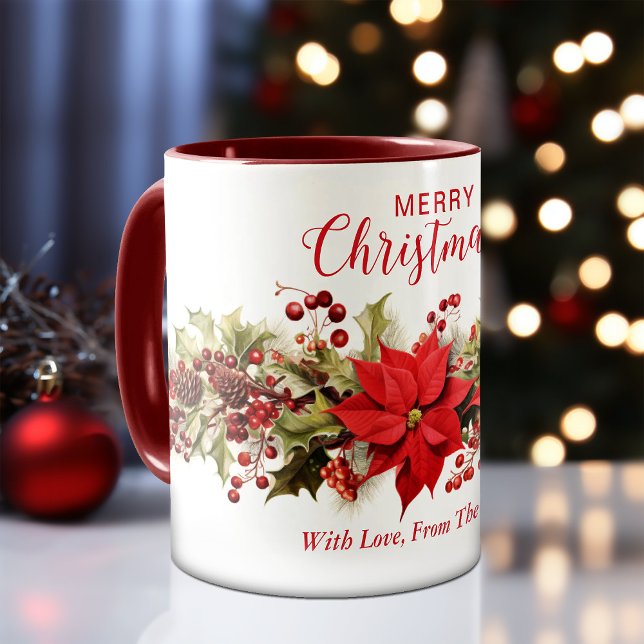 Red Poinsettia Blume Wraath Weihnachtsfeiertag Tasse (Red Poinsettia Flowers Wreath Christmas Holiday Mug)
