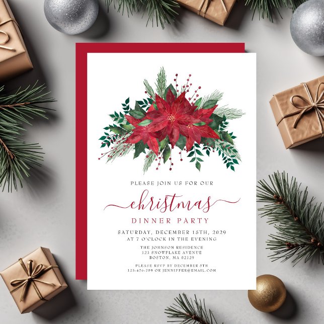 Red Poinsettia Blumenweihnachtsfest Party Einladung (Red Poinsettia Floral Christmas Dinner Party Invitation)