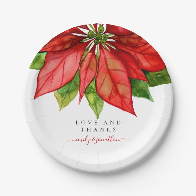 Red Poinsettia Border Christmas Names Pappteller (Vorderseite)