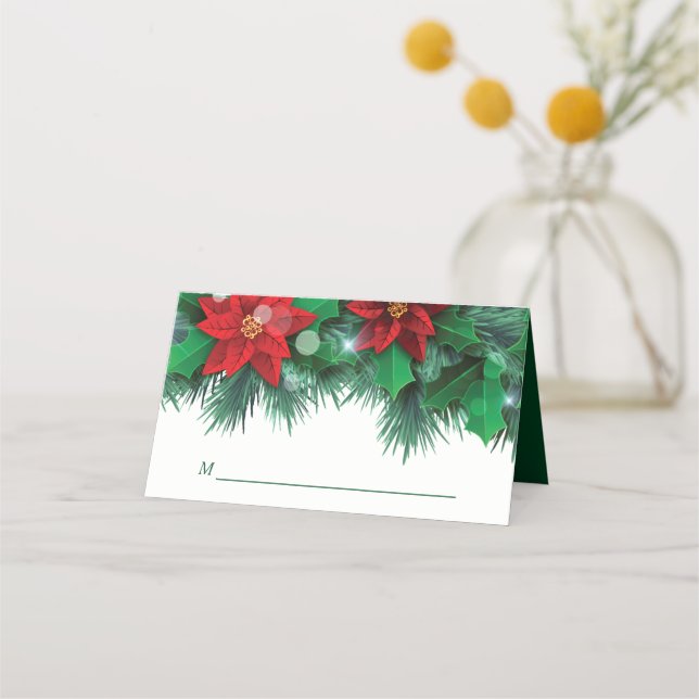 Red Poinsettia Border Holiday Wedding Platzkarte (Vorderseite)