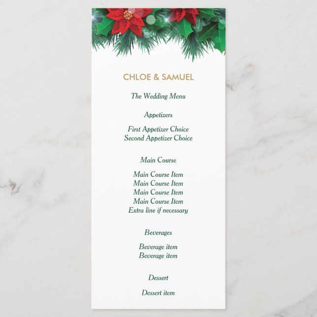 Red Poinsettia Border Wedding Menu Menükarte (Vorderseite)