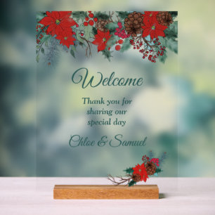 Red Poinsettia Border Wedding Welcome#2 Acrylschild