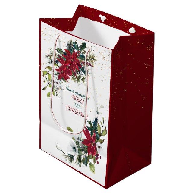 Red Poinsettia Bouquet Gold Glitzer Weihnachten Mittlere Geschenktüte (Vorderseite Schrägansicht)