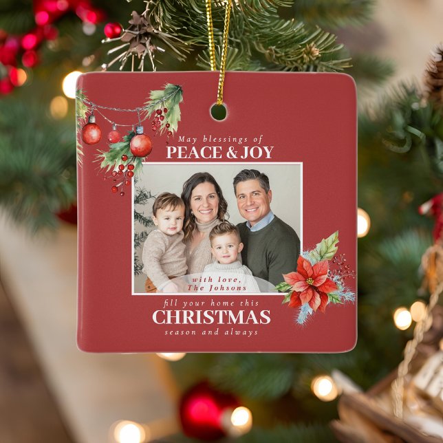 Red Poinsettia Christmas Family Photo Keramikornament (Von Creator hochgeladen)