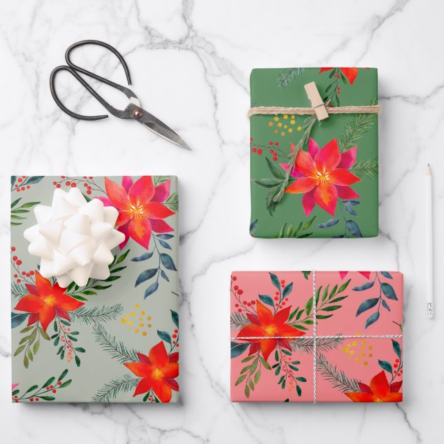 Red Poinsettia Christmas Floral Geschenkpapier Set (Vorderseite)