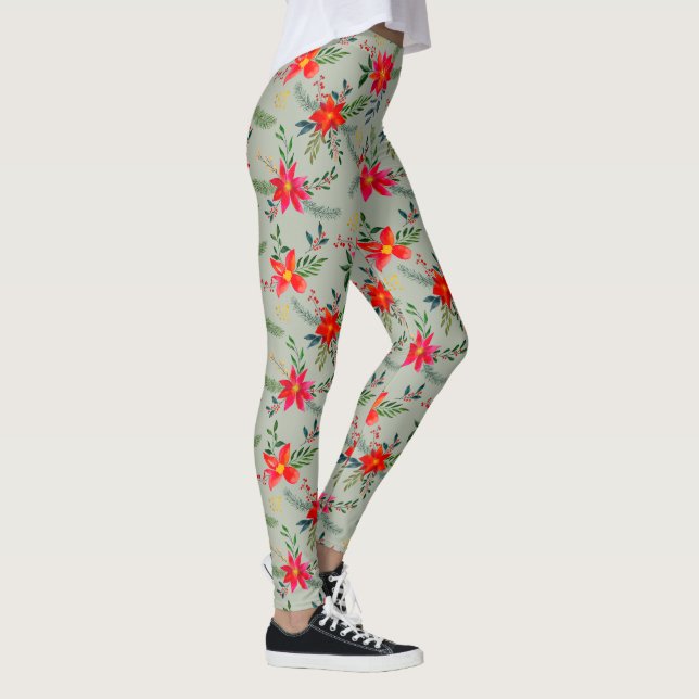 Red Poinsettia Christmas Floral Leggings (Rechts)