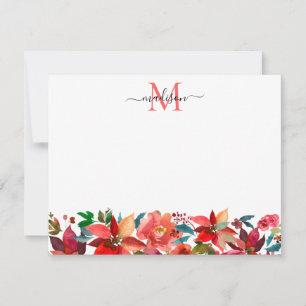 Red Poinsettia Christmas Floral Monogram Holiday Mitteilungskarte