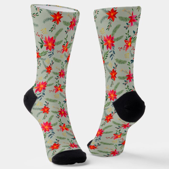 Red Poinsettia Christmas Floral Socken (Gewinkelt)