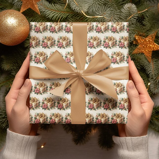 Red Poinsettia Coquette Gold Bucht Weihnachten Geschenkpapier (Von Creator hochgeladen)