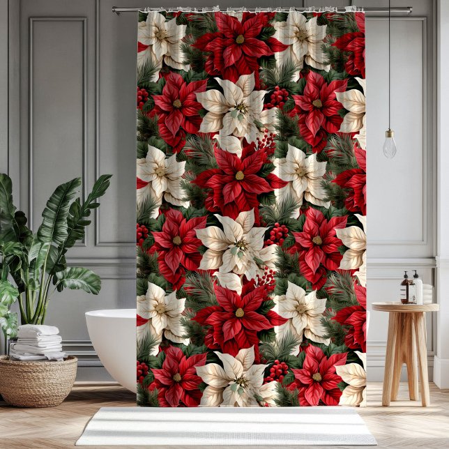 Red Poinsettia Curtain Classic Christmas Elegance Duschvorhang (Red Poinsettia Curtain Classic Christmas Elegance)