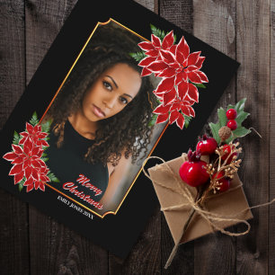 Red Poinsettia Custom Foto Black Border Christmas Feiertagspostkarte