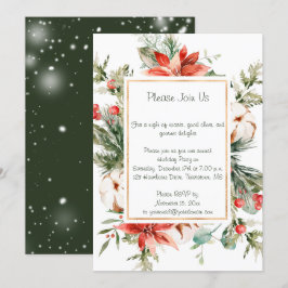 Red Poinsettia Evergreen Snow Weihnachts-Party Einladung