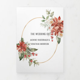 Red Poinsettia Evergreens Red Berries Wedding Dreifach Gefaltete Einladung