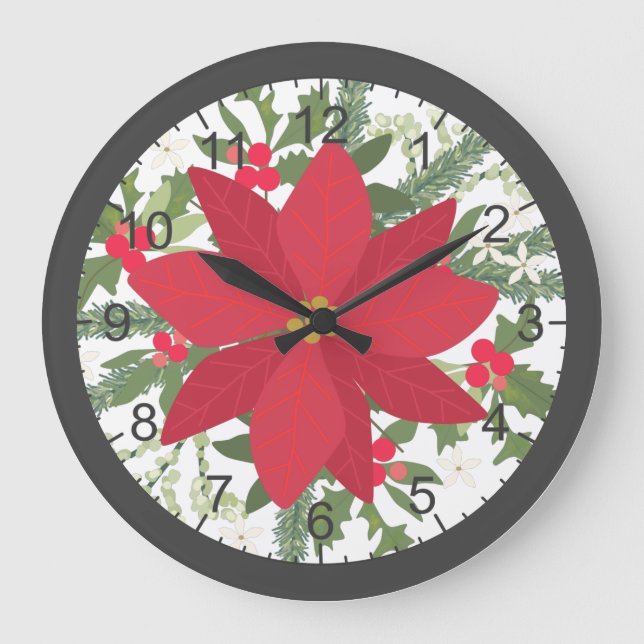 Red Poinsettia Floral Christmas Große Wanduhr (Vorderseite)