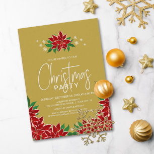 Red Poinsettia Floral Gold Weihnachtsfest Party Einladung