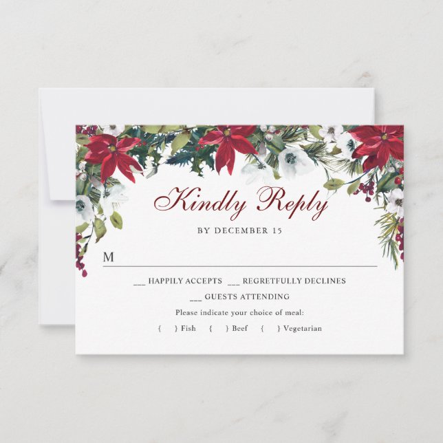 Red Poinsettia Floral RSVP Card mit Wahlmöglichkei Karte (Vorderseite)