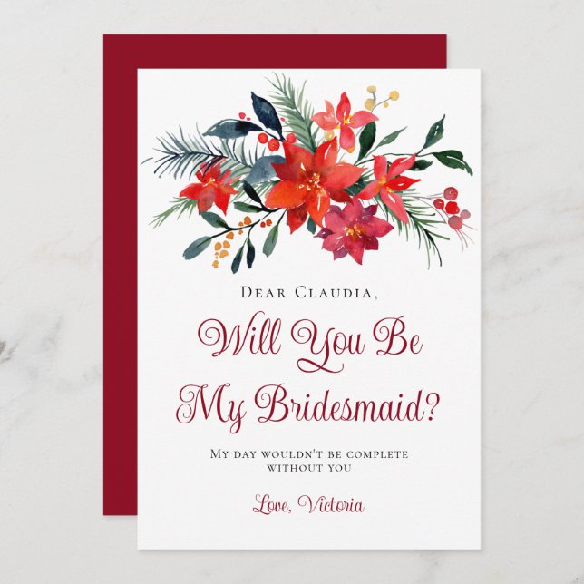 Red Poinsettia Floral Sie werden meine Bridesmaid Einladung (Vorne/Hinten)