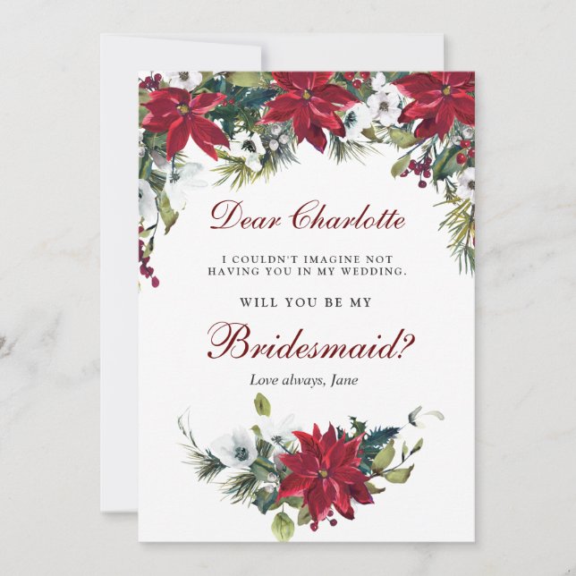 Red Poinsettia Floral  Will You Be My Bridesmaid Einladung (Vorderseite)