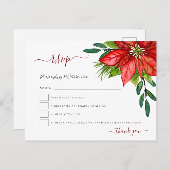 Red Poinsettia Foliage Christmas RSVP Einladungspostkarte (Vorne/Hinten)