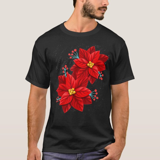 Red Poinsettia Frohe Weihnachts-Blume Happy Xmas T-Shirt (Vorderseite)