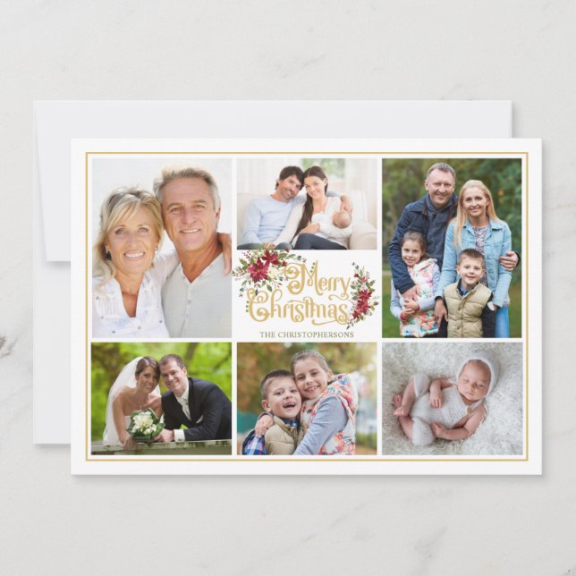 Red Poinsettia Frohe Weihnachtsfoto Collage Feiertagskarte (Vorderseite)