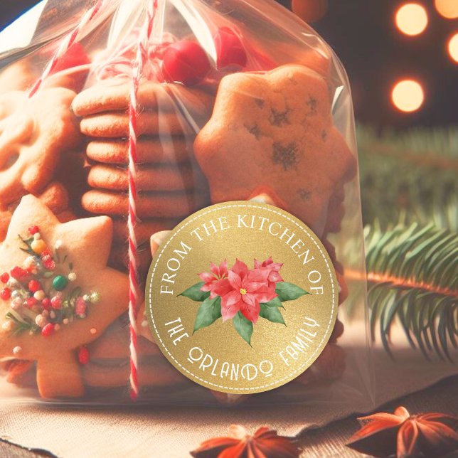 Red Poinsettia From Kitchen Gold Weihnachten Runder Aufkleber (Von Creator hochgeladen)