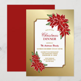Red Poinsettia Gold Border Christmas Dinner Einladung