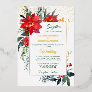 Red Poinsettia Gold Frame Wedding Folieneinladung