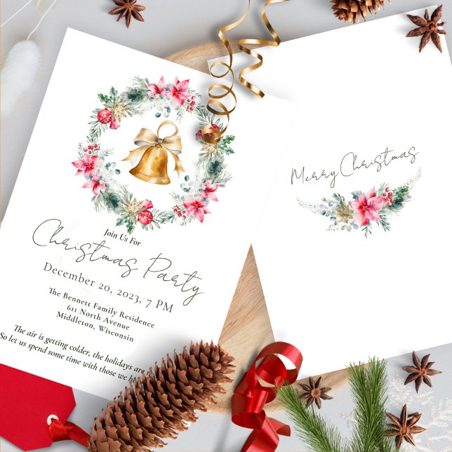 Red Poinsettia Gold Snowflakes Weihnachtsfest Einladung (Von Creator hochgeladen)