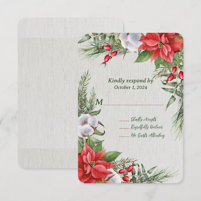 Red Poinsettia Green Blätter Wedding RSVP Karte (Vorne/Hinten)