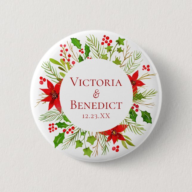 Red Poinsettia Holiday Wedding Personalisiert Button (Vorderseite)