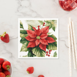 Red Poinsettia Holly Berries Weihnachtsfeiertag Serviette